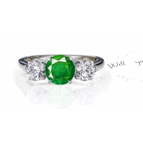 Emerald Diamond Ring Three Stone: Rings with Round Emerald and Diamonds in Platinum