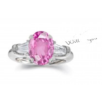 14k Gold Fine Deep Pink Oval Sapphire Tapered White Diamonds Ring