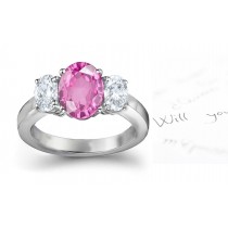 3 Stone Fine Deep Pink Oval Sapphire & Oval White Diamonds Ring 