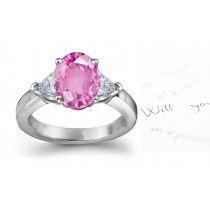 3 Stone Fine Deep Pink Oval Sapphire & Trillion White Diamonds Gold Ring