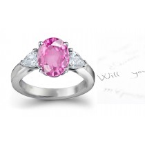 Fine Deep Pink Oval Sapphire & Pears White Diamonds Engagement Ring