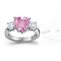 3 Stone Fine Deep Pink Heart Sapphire & Round White Diamonds Ring in Gold