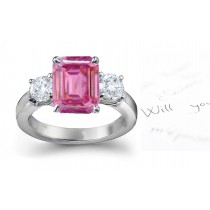 3 Stone Fine Deep Pink Emerald Cut Sapphire & Round White Diamonds Ring