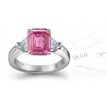 3 Stone Fine Deep Pink Emerald Cut Sapphire & Trillion White Diamonds Ring in Gold