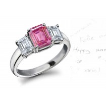 3 Stone Fine Deep Pink Emerald Cut Sapphire & White Diamonds Platinum Ring