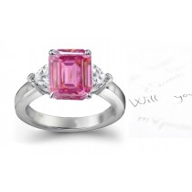 The Danube Collection: 3 Stone Ladies Pink Emerald Cut Sapphire & Heart White Diamonds Ring in Gold