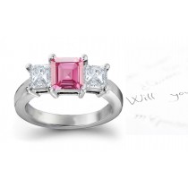 3 Stone Ladies Pink Square Sapphire & Princess Cut White Diamonds Ring