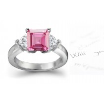 The Dalmatia Collection: 3 Stone Ladies Pink Square Sapphire & Heart White Diamonds Ring in Gold