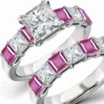 7 Stone Princess Cut Sapphire White Diamonds Ring & Wedding Band in 14k Gold