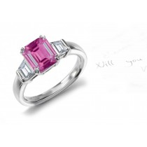 Sea of Satalia Gallery: Emerald Cut Pink Sapphire & Trapezoid White Diamonds Gold Ring