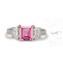 3 Stone Square Rich Pink Sapphire & Shield Cut White Diamonds Ring 