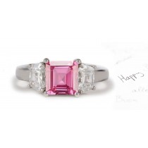 3 Stone Square Rich Pink Sapphire & Shield Cut White Diamonds Ring 