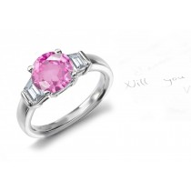 Great Lake Collection: 3 Stone Round Rich Pink Sapphire & Trapezoid Diamond Gold Ring