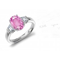 Beating Its Wings: 3 Stone Oval Rich Pink Sapphire & Trapezoid White Diamonds Gold Ring