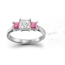 Santa Maria Nuova: 3 Stone Square Rich Pink Sapphire & Princess Cut Diamond Ring