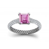 Butterfly Gallery: Princess Cut Rich Pink Sapphire & Pave Set White Diamonds Shank Ring