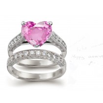 The Ascent Ring: Art Deco Heart Pink Sapphire & White Diamond Bridal Set in Gold