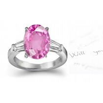 Water Canary: Pink Oval Celestial Sapphire & Baguette White Diamond Designer Ring in 14k Gold