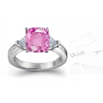 Flowering Trees: 3 Stone Cushion Cut Pink Celestial Sapphire & Trillion White Diamond Ring