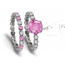 Pink Sunset: Bezel Set Celestial Sapphire & White Diamond Engagement & Wedding Rings