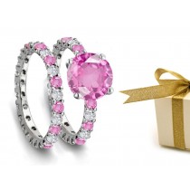 Flight To Fame: Prong Set Pink Celestial Sapphire & White Diamond Engagement & Wedding Rings Gold