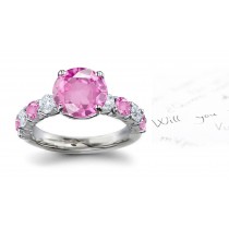 Gold 7 Stone Round Pink Regal Sapphire White Diamond Ring in 1 to 5 carats