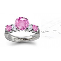 Gold 5 Stone Round Pink Regal Sapphire White Diamond Ring