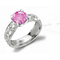 Gold Shank with Leaf Pattern Pink Fine Sapphire & Pure White Diamond Ring