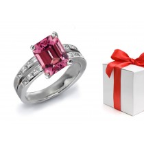 Split Shank Design Emerald Cut Fine Deep Pink Fine Sapphire & Princess Cut Pure White Diamond Ring