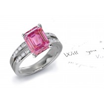 Gold Split Shank Design Emerald Cut Fine Deep Pink Fine Sapphire & Round Pure White Diamond Ring