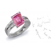 Split Shank Design Emerald Cut Fine Deep Pink Fine Sapphire & Baguette Pure White Diamond Ring in Gold