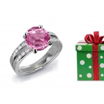 Split Shank Design Round Fine Deep Pink Fine Sapphire & Round Pure White Diamond Ring in 14k Yellow Gold
