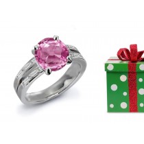 Split Shank Design Round Fine Deep Pink Fine Sapphire & Baguette Pure White Diamond Ring in 14k White Gold