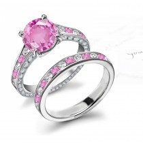 Round Fine Deep Pink Fine Sapphire & Pure White Diamond Bridal Set in 14k White Gold