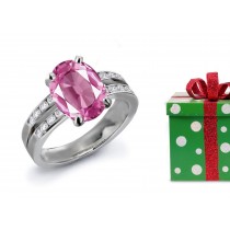 Split Shank Design Oval Fine Pink Natural Sapphire & Round Pure White Diamond Ring in 14k White Gold