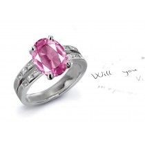 Split Shank Design Oval Fine Pink Natural Sapphire & Princess Cut Pure White Diamond Ring in Gold