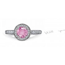 Art Deco Fine Pink Round Natural Sapphire & Pure White Diamond Bauble Artfully Sculpted Ring in 14k Gold