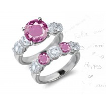 5 Stone Round Pink Noble Sapphire & White Diamond Engagement & Wedding Bridal Set Collection in Platinum & Gold