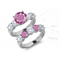 5 Stone Round Pink Noble Sapphire & White Diamond Engagement & Wedding Bridal Set Collection in Platinum & Gold