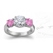 3 Stone Round Pink Sapphire Diamond Engagement Ring in Platinum & 14k White gold