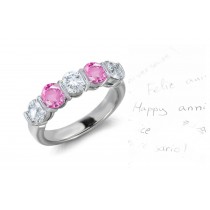 Women's Pure Pink Sapphire & Diamond 5 Stone Bar Set Wedding Rings