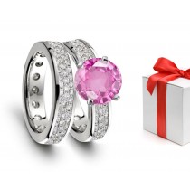 Vivid Pink Sapphire & Diamond Engagement & Wedding Rings Men's Matching Band Available On Request