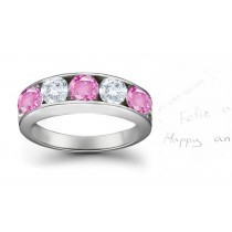 Five Stone Rings: Pink Sapphire Diamond Round Cut Half Eternity Bands.