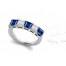 Square Blue Sapphire and Diamond Five-Stone Band Ring in 18k White Gold 