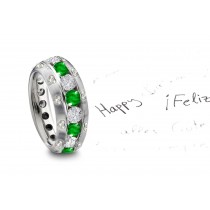 Emerald & Diamond Band with Burnish Set Heart Diamonds in Gold in Current Stock