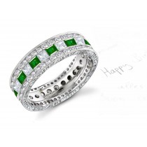 Transparent & Translucent: 6 mm Wide Three Row Engraved Emerald & Diamond Band