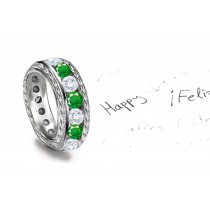 Flower of Youth: Nature Theme Scrolls & Motifs Emerald Wedding Ladies Band with Dark Deep Green Emeralds