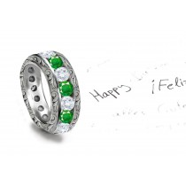 NEWEST DESIGN: Etched Leaf Scrolls & Motifs Diamond & Emerald Platinum Scroll Ring Voicing Love and Touch