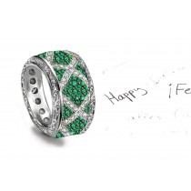 Unique DESIGN: 14k Gold Diamond Emerald Framed Lozenge Band in Platinum with the most brilliant green Emeralds