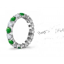 Engraved DESIGN: Decorated Diamond & Emerald Foliate Motif Eternity Ring Showing A Most Brilliant Tree Green